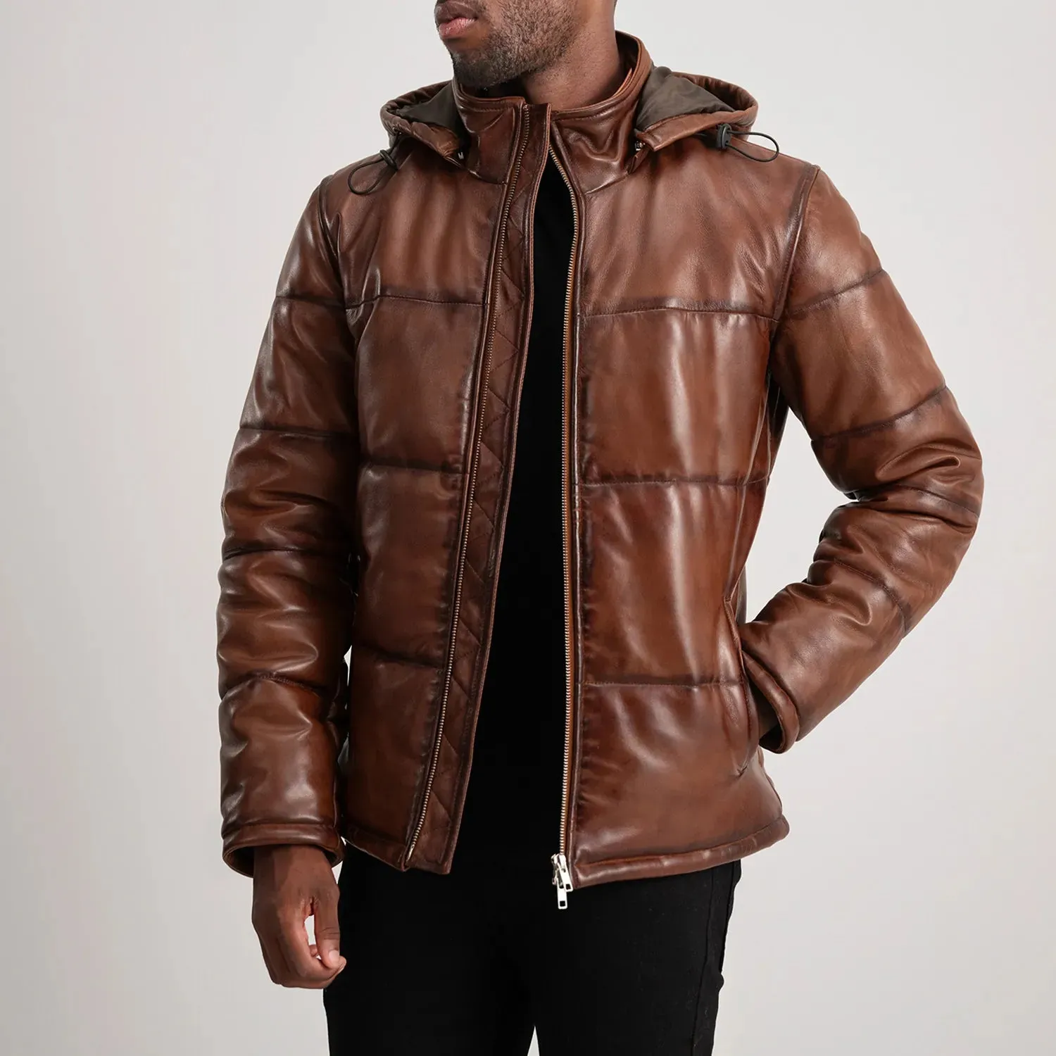 Gordon Waxed Brown Hooded Leather Puffer Jacket-reviseleather