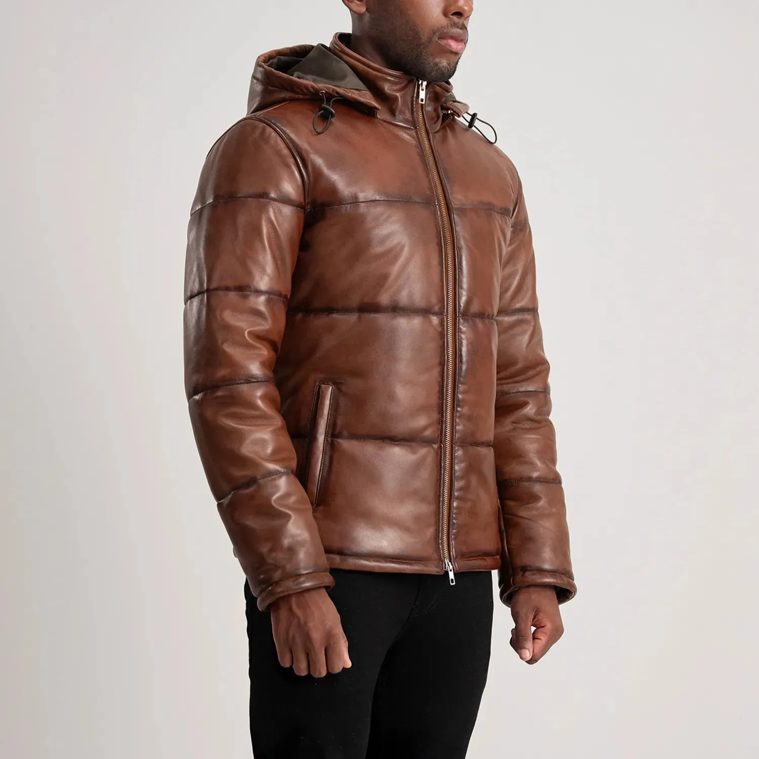 Gordon Waxed Brown Hooded Leather Puffer Jacket-reviseleather
