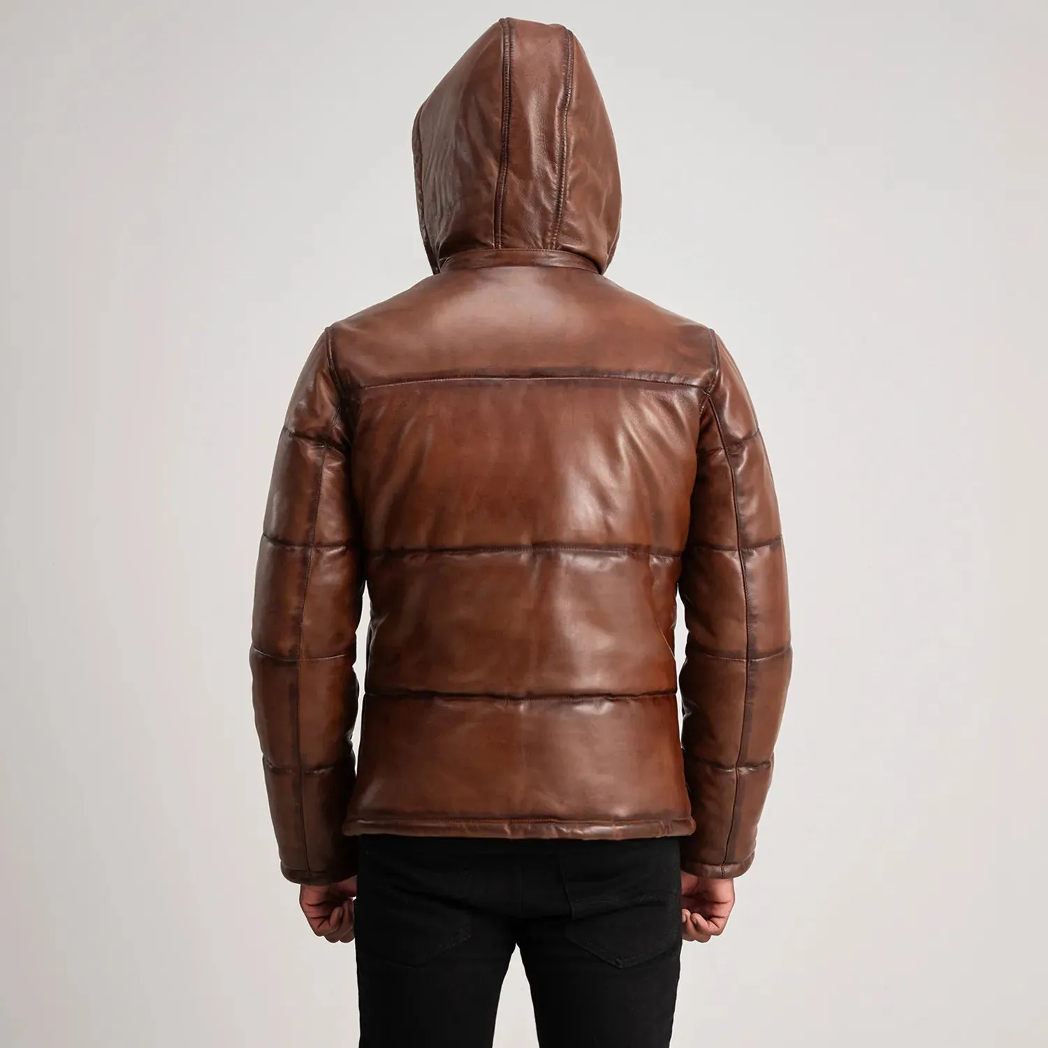 Gordon Waxed Brown Hooded Leather Puffer Jacket-reviseleather