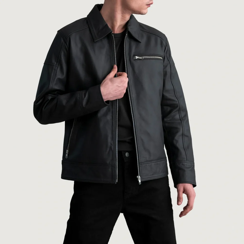Lavendard Matte Black Leather Biker Jacket-reviseleather