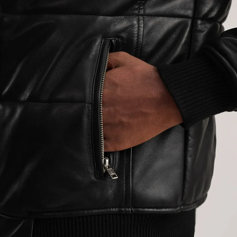 Lucas Black Leather Puffer Bomber Jacket-reviseleather