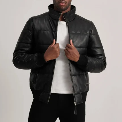 Lucas Black Leather Puffer Bomber Jacket-reviseleather
