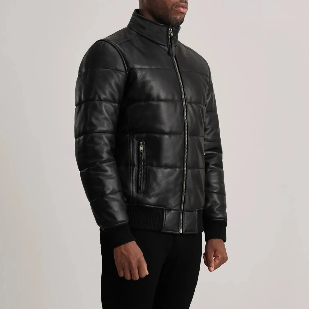 Lucas Black Leather Puffer Bomber Jacket-reviseleather
