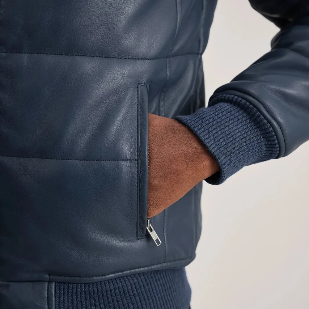 Lucas Blue Leather Puffer Bomber Jacket-reviseleather