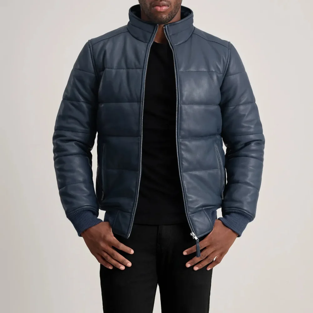 Lucas Blue Leather Puffer Bomber Jacket-reviseleather