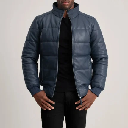 Lucas Blue Leather Puffer Bomber Jacket-reviseleather