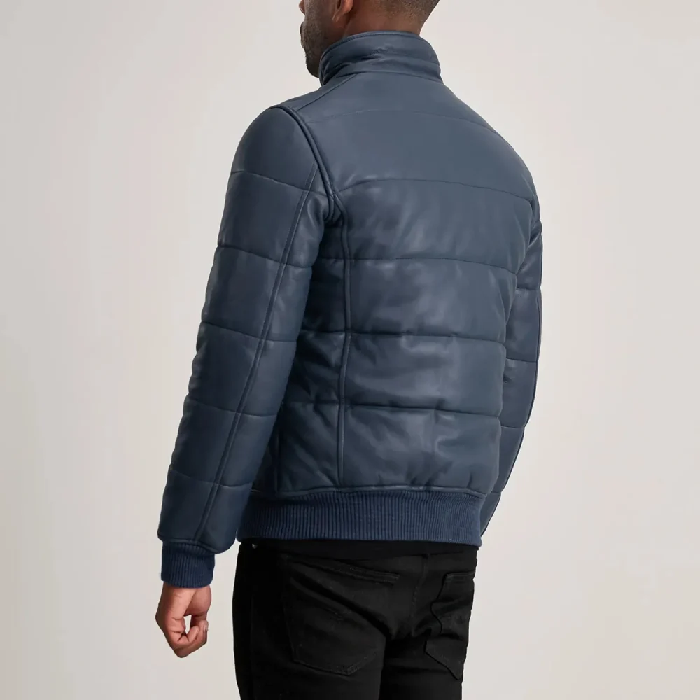 Lucas Blue Leather Puffer Bomber Jacket-reviseleather