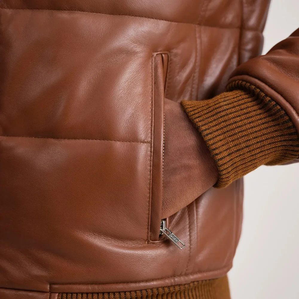 Lucas Brown Leather Puffer Bomber Jacket-reviseleather