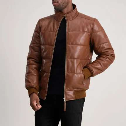 Lucas Brown Leather Puffer Bomber Jacket-reviseleather