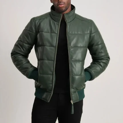 Lucas Green Leather Puffer Bomber Jacket-reviseleather