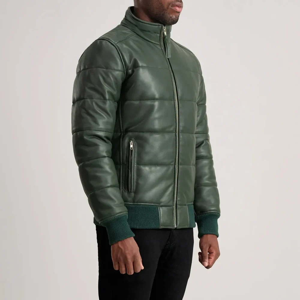 Lucas Green Leather Puffer Bomber Jacket-reviseleather