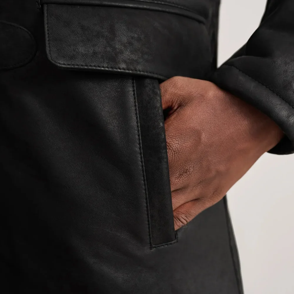 Nolan Distressed Black Leather Duffle Coat-reviseleather