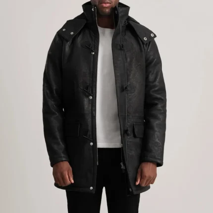 Nolan Distressed Black Leather Duffle Coat-reviseleather