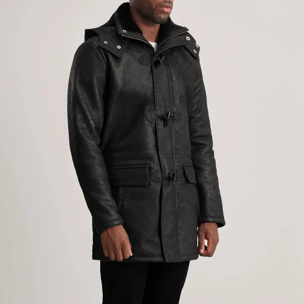 Nolan Distressed Black Leather Duffle Coat-reviseleather