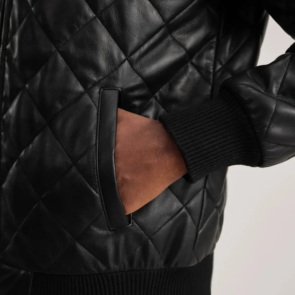 Norman Black Hooded Bomber Leather Puffer Jacket-reviseleather
