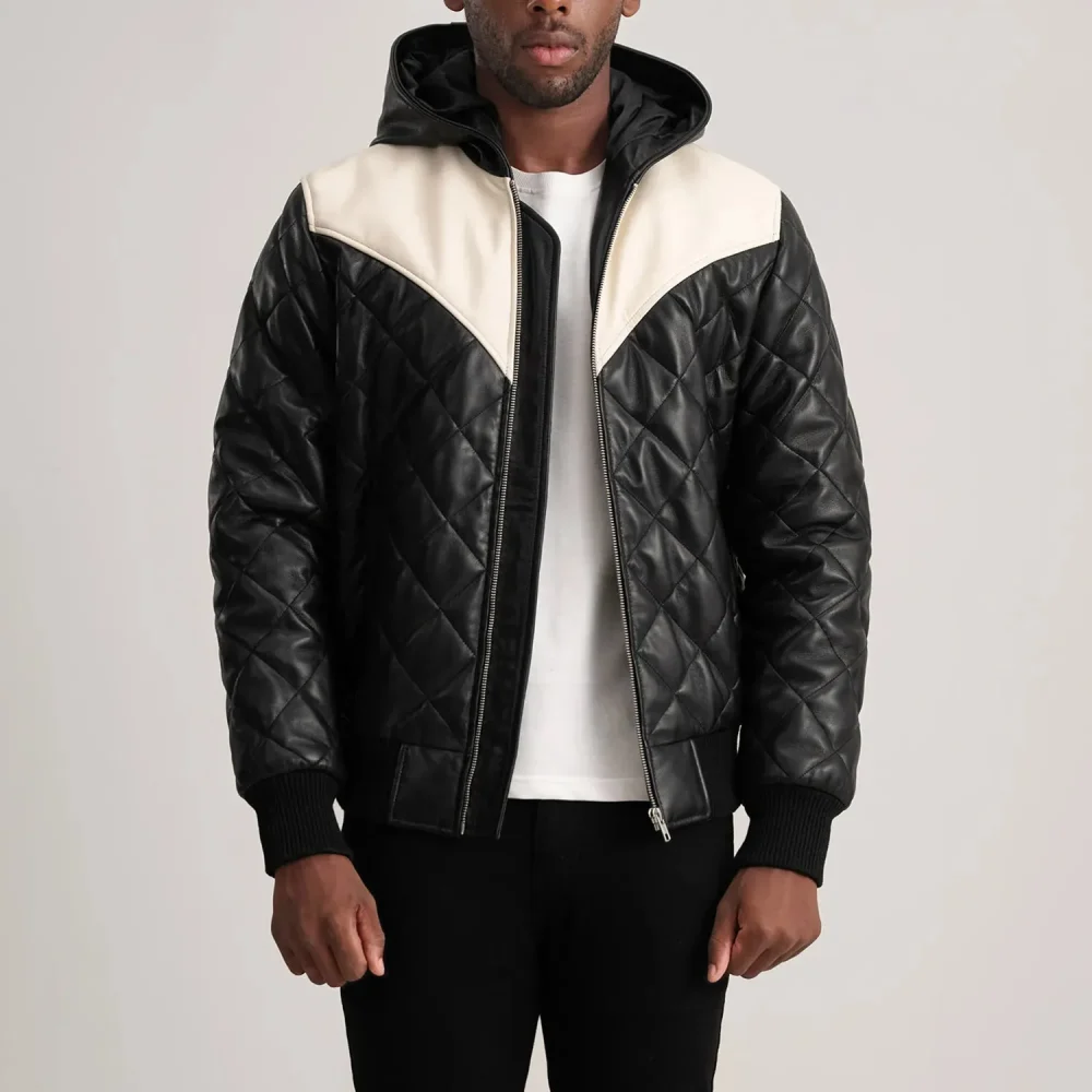 Norman Black Hooded Bomber Leather Puffer Jacket-reviseleather