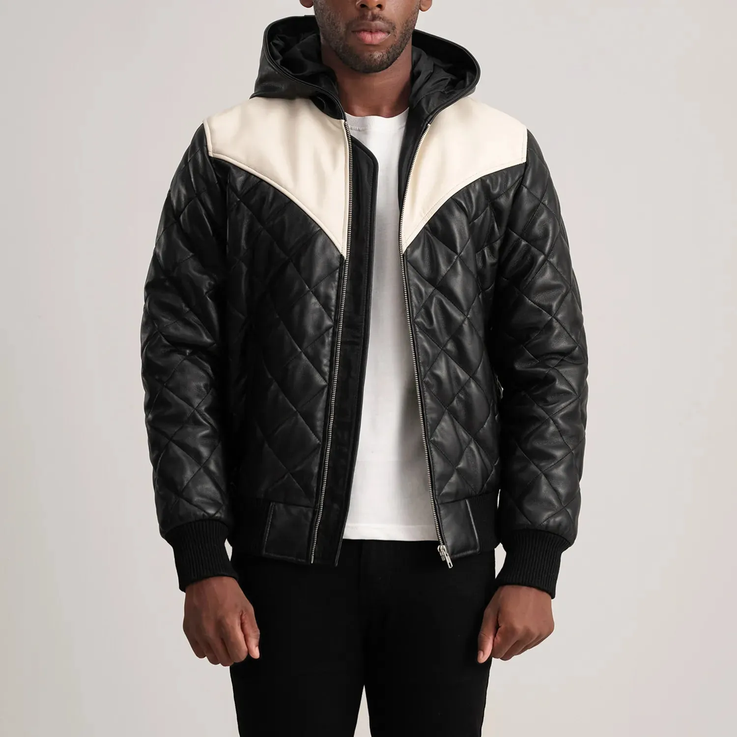 Norman Black Hooded Bomber Leather Puffer Jacket-reviseleather
