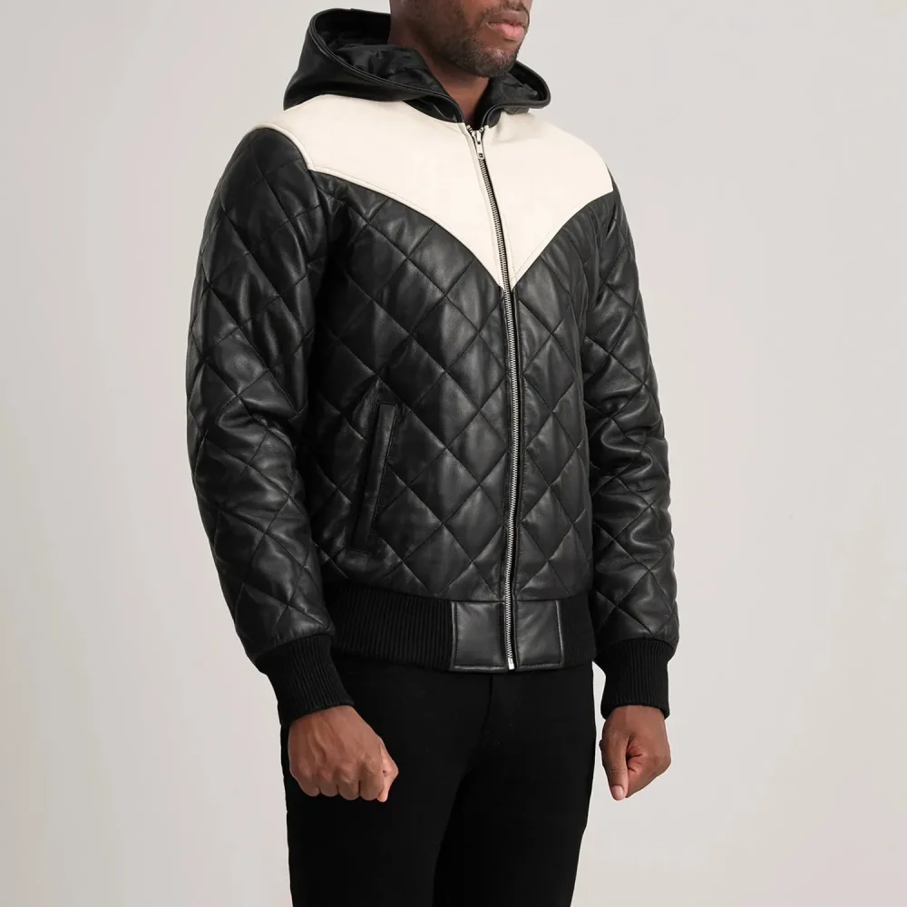 Norman Black Hooded Bomber Leather Puffer Jacket-reviseleather