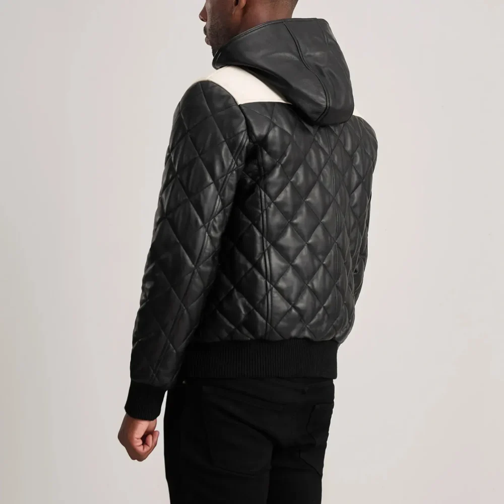Norman Black Hooded Bomber Leather Puffer Jacket-reviseleather