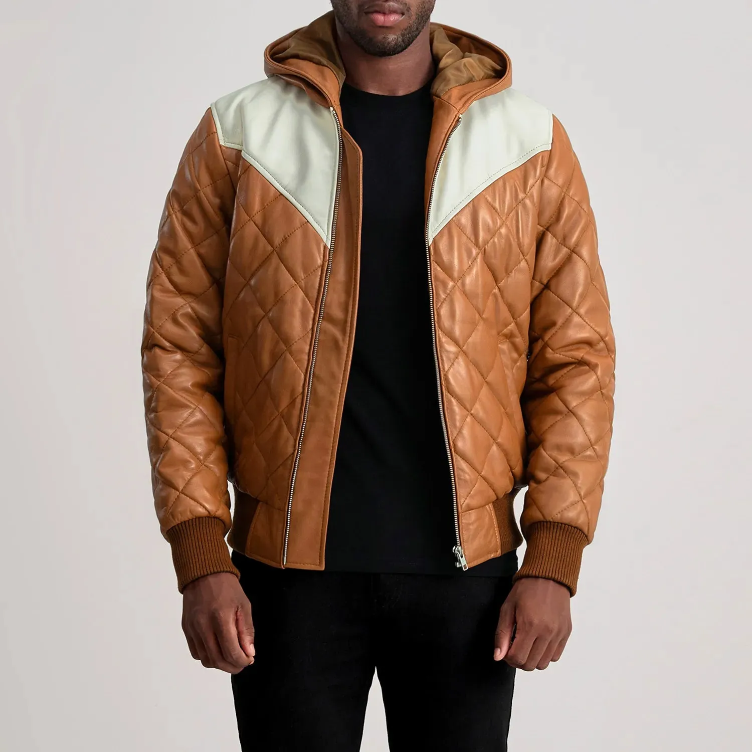 Norman Tan Hooded Bomber Leather Puffer Jacket-reviseleather