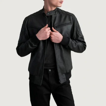 Sven Tumbled Black Leather Bomber Jacket-reviseleather