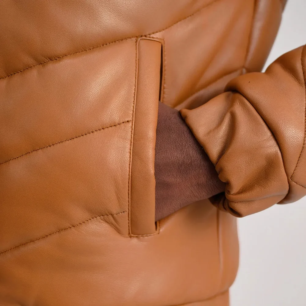 Travis Tan Leather Puffer Jacket-reviseleather
